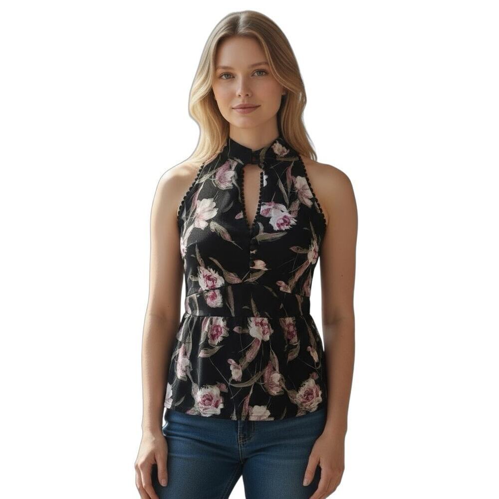 WHBM Womens Keyhole Top Dressy Floral Sz XS Ruffle Romantic Cottagecore Preppy
